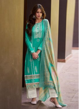 Off White and Turquoise Pant Style Straight Salwar Kameez For Festival