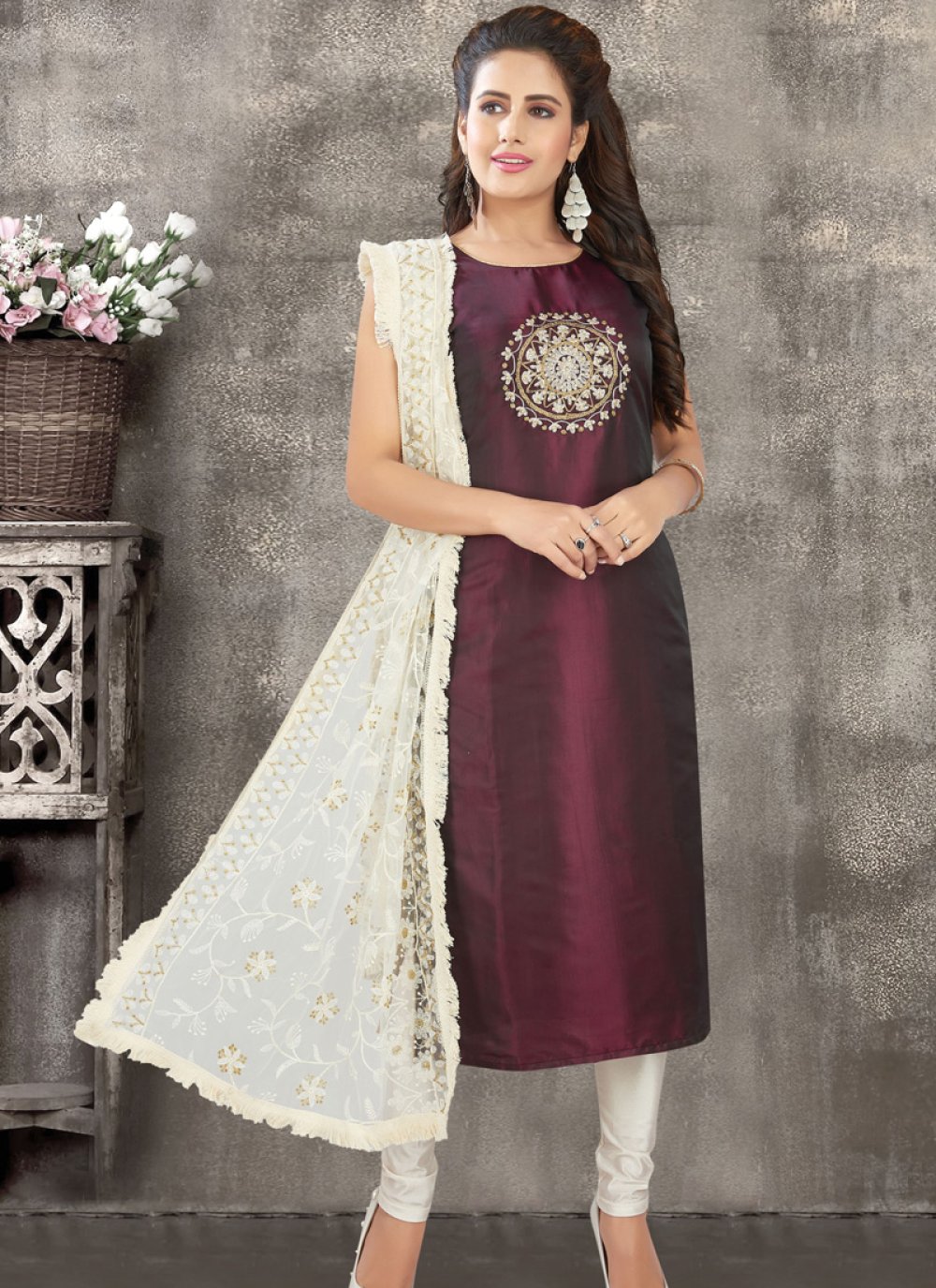 Buy Festival Wear Maroon Embroidery Work Net Churidar Suit Online From  Surat Wholesale Shop.