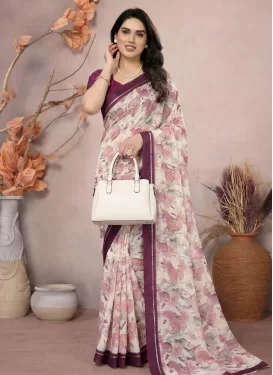 Off White and Wine Satin Georgette Trendy Saree with Digital Print Work for Casual