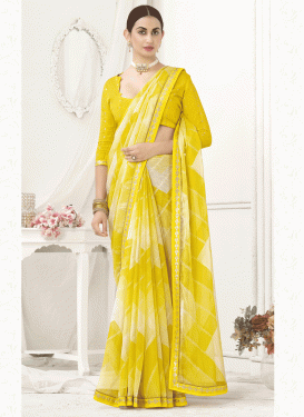 Off White and Yellow Faux Chiffon Designer Contemporary Style Saree