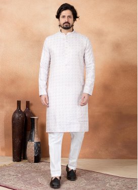 Off White Art Silk Digital Print Work Kurta Pajama for Men