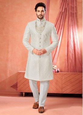 Off White Art Silk Embroidered Work Wedding Sherwani for Men