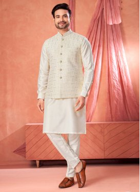 Off White Art Silk Kurta Pajama With Jacket with Embroidered Work for Festival