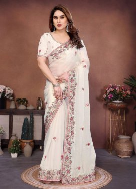 Off White Chiffon Satin Classic Saree with Embroidered Work for Ceremonial