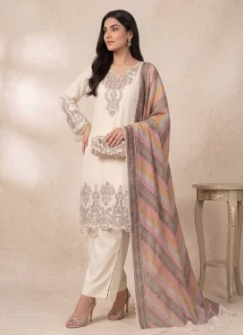 Off White Georgette Readymade Salwar Suit with Embroidered Work for Festival