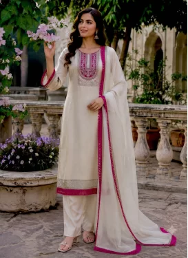Off White Organza Readymade Salwar Suit with Embroidered Work for Ceremonial