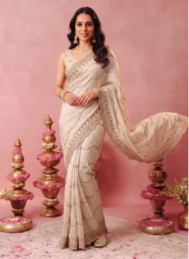 Off White Satin Silk Classic Saree with Embroidered Work for Ceremonial