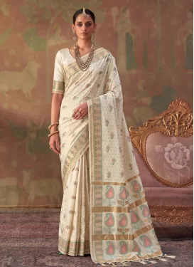 Off White Silk Blend Woven Work Classic Saree for Women
