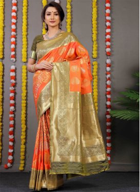 Olive and Orange Banarasi Silk Designer Contemporary Style Saree