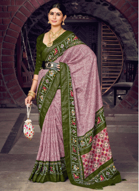Olive and Pink Tussar Silk Designer Contemporary Style Saree