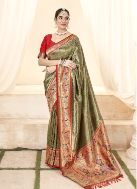 Olive and Red Designer Contemporary Style Saree For Festival