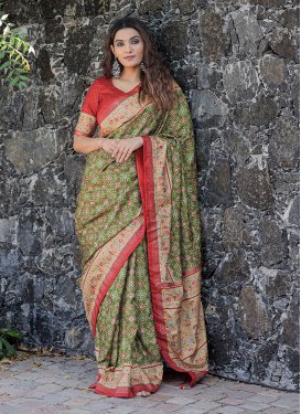 Olive and Red Dola Silk Traditional Designer Saree