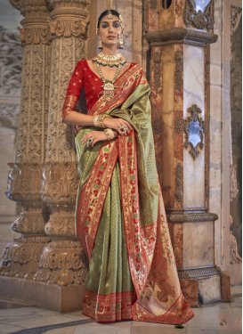 Olive and Red Jacquard Silk Designer Contemporary Style Saree