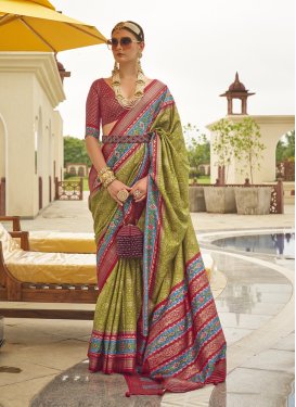 Olive and Red Print Work Traditional Designer Saree