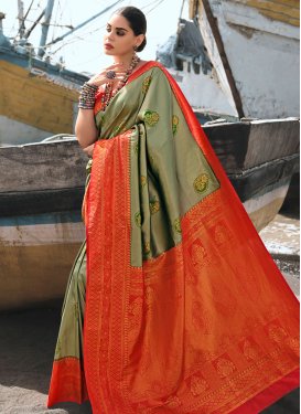 Olive and Red Woven Work Designer Contemporary Saree