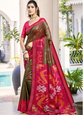 Olive and Rose Pink Handloom Silk Classic Saree with Woven Work for Ceremonial