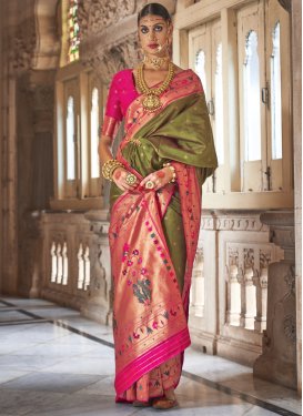 Olive and Rose Pink Silk Blend Designer Contemporary Style Saree