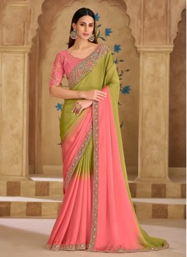 Olive and Salmon Georgette Embroidered Work Traditional Saree for Women