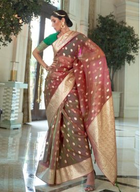 Olive and Salmon Woven Work Designer Contemporary Style Saree