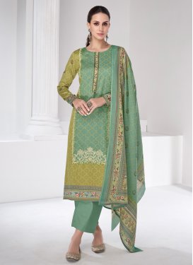 Olive and Sea Green Cotton Satin Pant Style Classic Salwar Suit