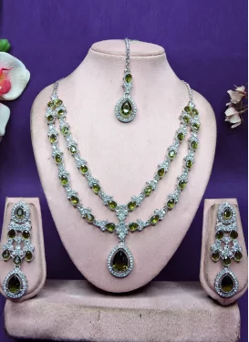 Olive and White Silver Rodium Polish Stone Work Necklace Set