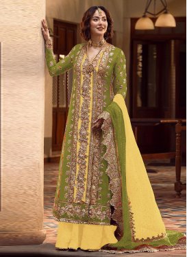 Olive and Yellow Palazzo Style Pakistani Salwar Kameez For Ceremonial