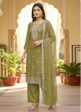 Olive Crunchy Silk Embroidered Work Straight Suit for Women