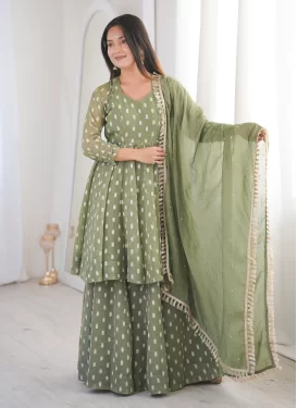 Olive Crunchy Silk Woven Work Designer Suit for Women