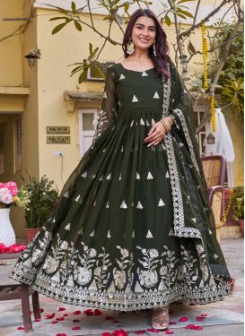 Olive Georgette Embroidered Work Designer Gown for Women
