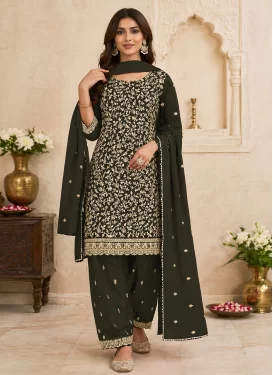 Olive Georgette Straight Suit with Embroidered Work for Ceremonial