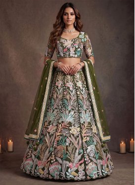 Olive Net Trendy Lehenga Choli with Embroidered Work for Bridal