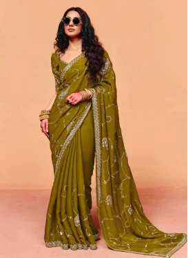 Olive Organza Embroidered Work Traditional Saree for Women