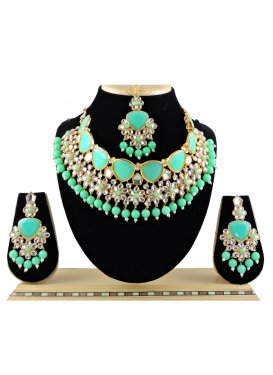 Opulent Alloy Beads Work Turquoise and White Necklace Set