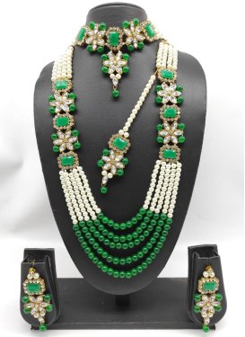 Opulent Alloy Moti Work Green and White Gold Rodium Polish Necklace Set