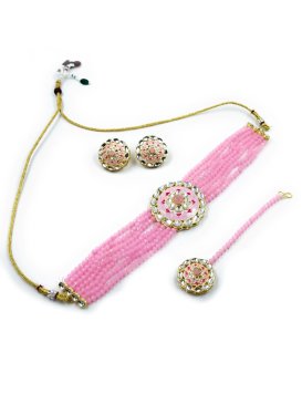 Opulent Alloy Pink and White Beads Work Necklace Set