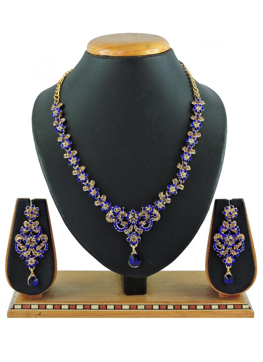 Opulent Blue and Gold Stone Work Necklace Set For Bridal