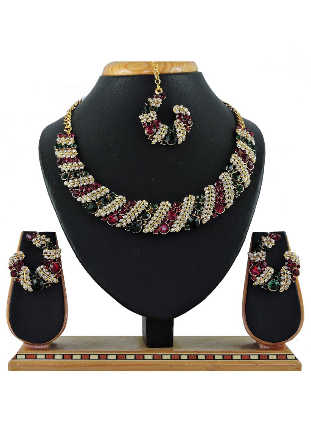 Opulent Bottle Green and Maroon Stone Work Necklace Set