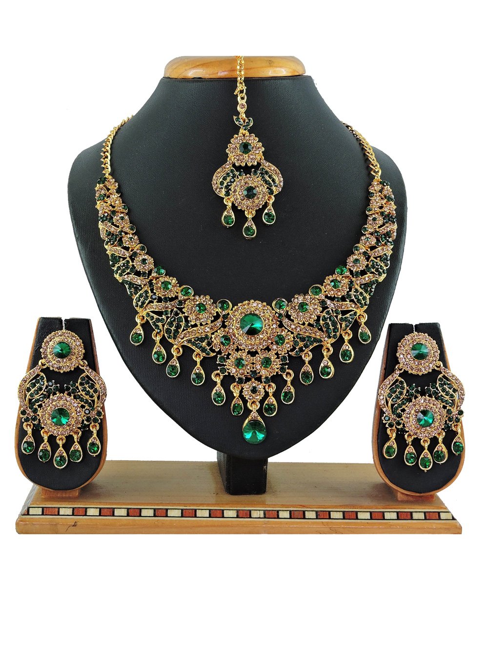 Opulent Gold and Green Stone Work Gold Rodium Polish Necklace Set