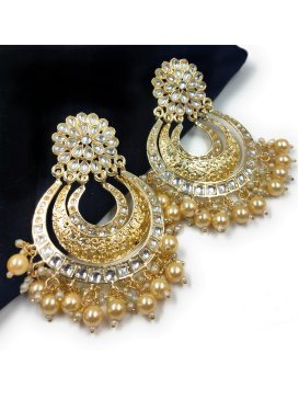 Opulent Gold and Off White Beads Work Earrings For Festival