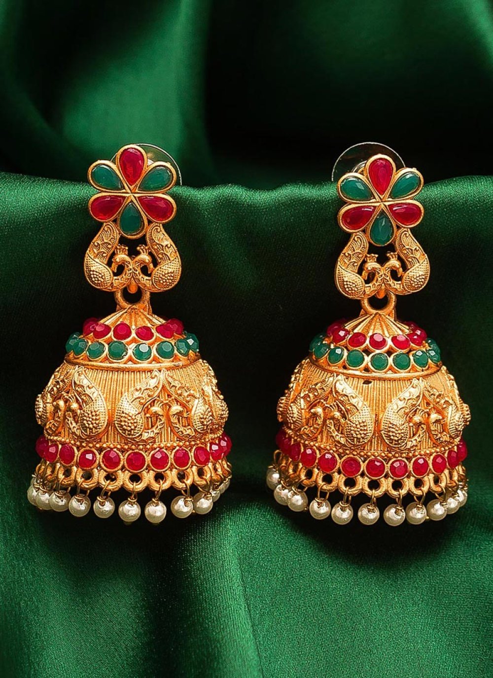 Opulent Gold Rodium Polish Beads Work Earrings For Bridal