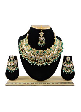 Opulent Gold Rodium Polish Beads Work Green and White Necklace Set for Festival