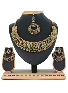 Opulent Gold Rodium Polish Stone Work Alloy Bottle Green and Gold Necklace Set For Festival