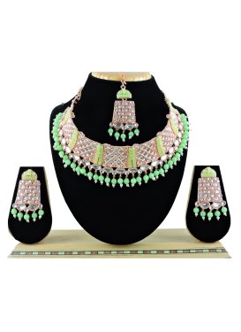Opulent Mint Green and White Beads Work Necklace Set For Festival