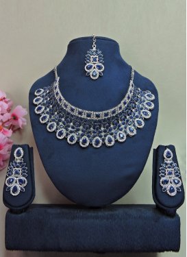 Opulent Navy Blue and White Alloy Necklace Set For Festival