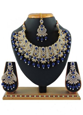 Opulent Navy Blue and White Beads Work Gold Rodium Polish Necklace Set
