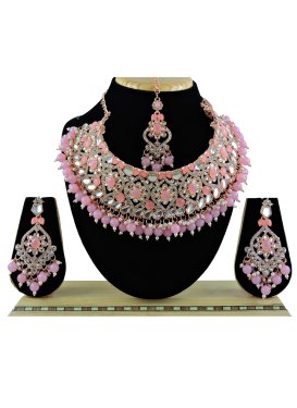 Opulent Pink and White Beads Work Gold Rodium Polish Necklace Set