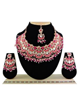 Opulent Rose Pink and White Beads Work Gold Rodium Polish Necklace Set