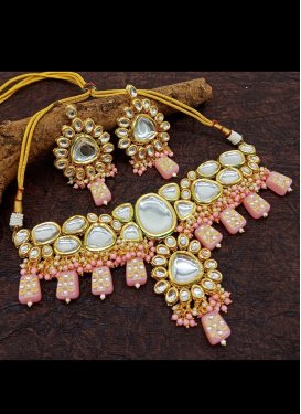 Opulent Salmon and White Beads Work Necklace Set For Party