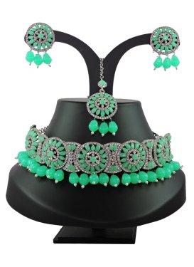 Opulent Silver Rodium Polish Sea Green and Silver Color Beads Work Necklace Set