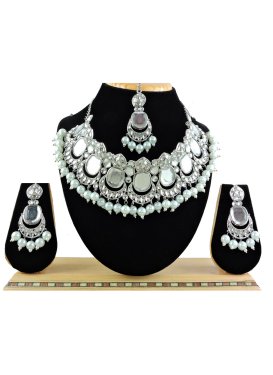Opulent Silver Rodium Polish Silver Color and White Beads Work Necklace Set